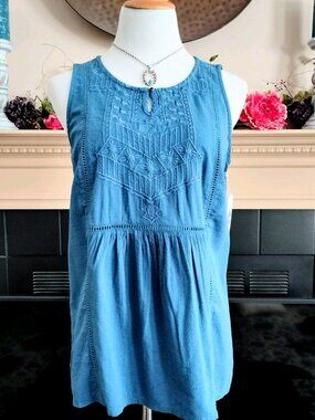 Indigo GNW Sleeveless Boho Top M Teal Blue Embroidered Gathered Woven & Knit